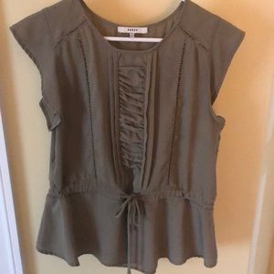 Olive green short sleeve blouse, flutter sleeve, drawstring at waist